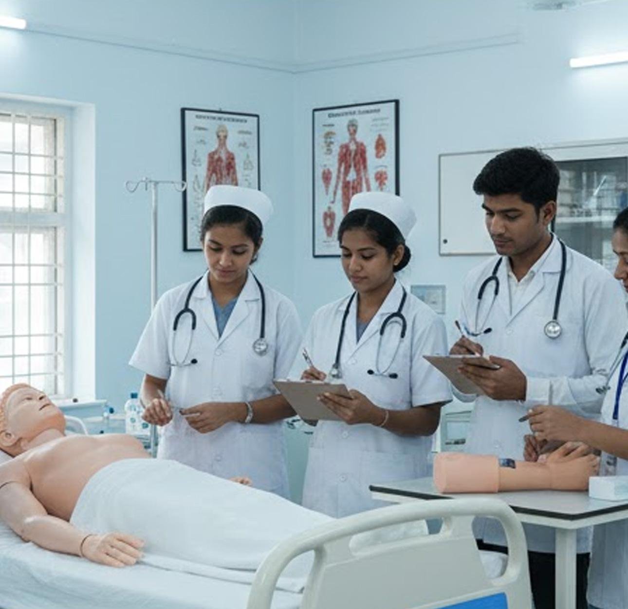 Nursing students practising patient-care skills