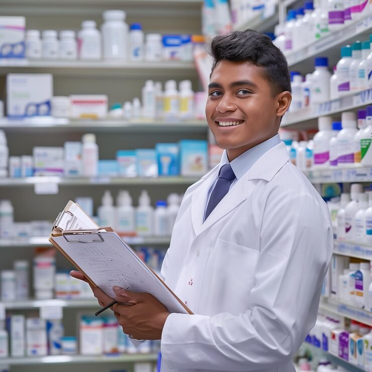 Pharmacy students working with laboratory equipment